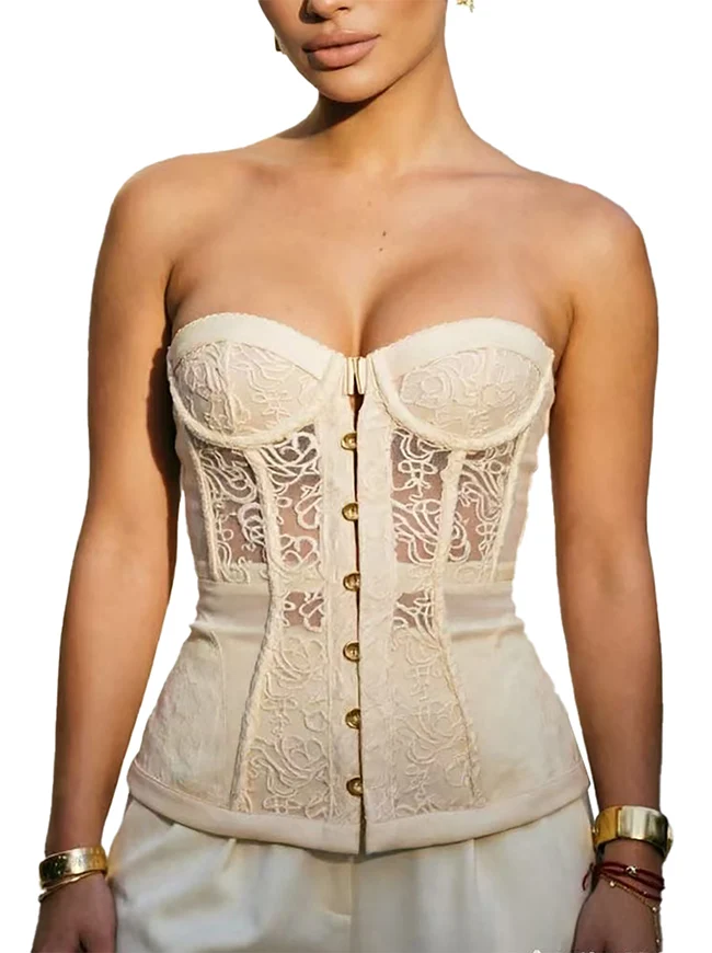 Trägerloses Bustier-Korsett-Top mit floralem, transparentem Spitzenbesatz
