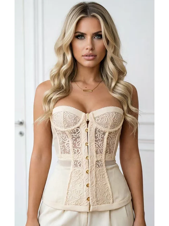 Trägerloses Bustier-Korsett-Top mit floralem, transparentem Spitzenbesatz