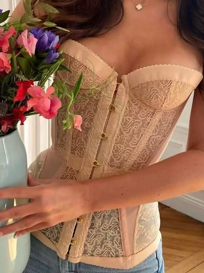 Trägerloses Bustier-Korsett-Top mit floralem, transparentem Spitzenbesatz