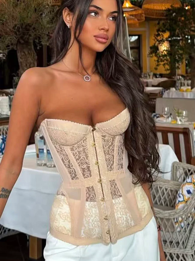 Trägerloses Bustier-Korsett-Top mit floralem, transparentem Spitzenbesatz