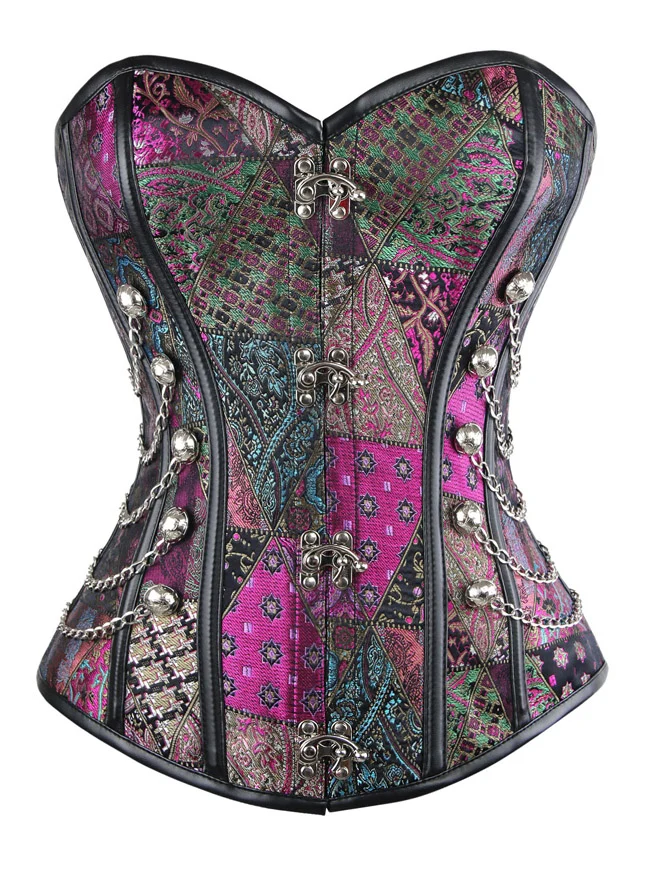 Steampunk Gothic Spiral Stahl ohne Knochen Brokat Taille Cincher Overbust Korsett mit Ketten