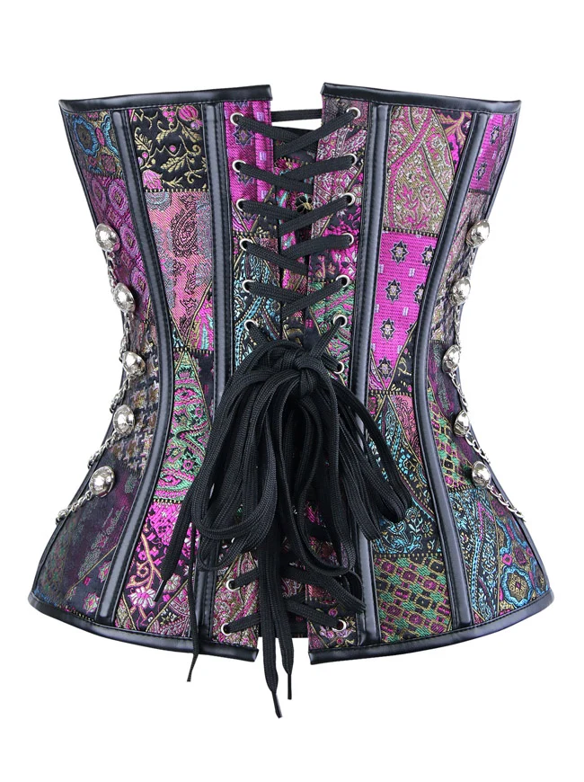 Steampunk Gothic Spiral Stahl ohne Knochen Brokat Taille Cincher Overbust Korsett mit Ketten