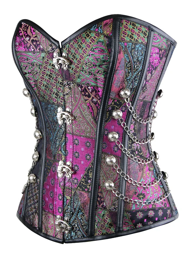 Steampunk Gothic Spiral Stahl ohne Knochen Brokat Taille Cincher Overbust Korsett mit Ketten