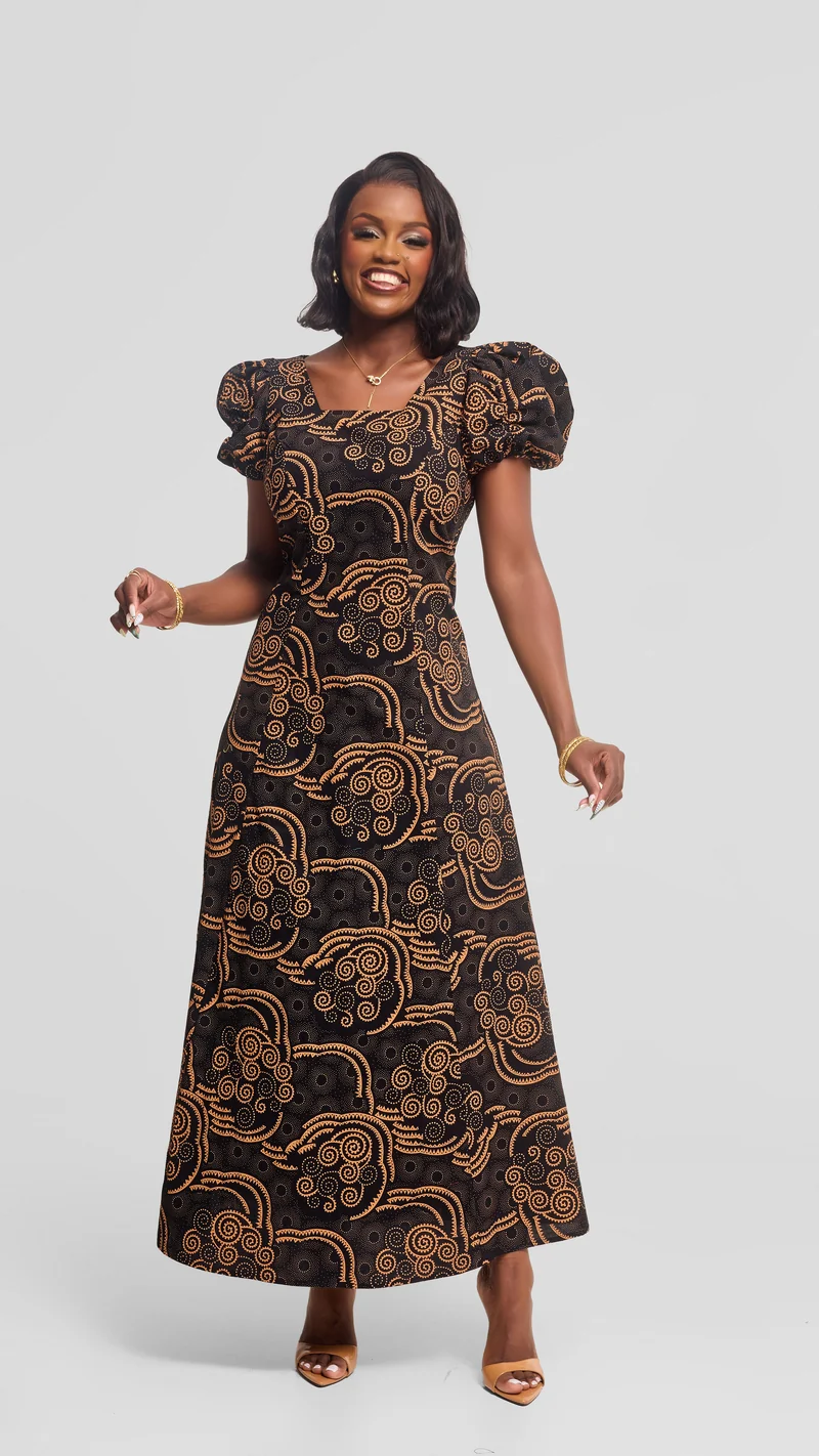 Vivo Puff Sleeeve A-Line Dress in Kitenge - Ola Print