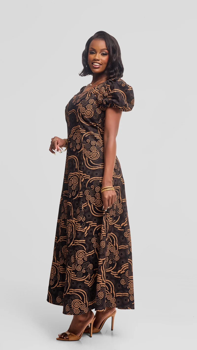 Vivo Puff Sleeeve A-Line Dress in Kitenge - Ola Print