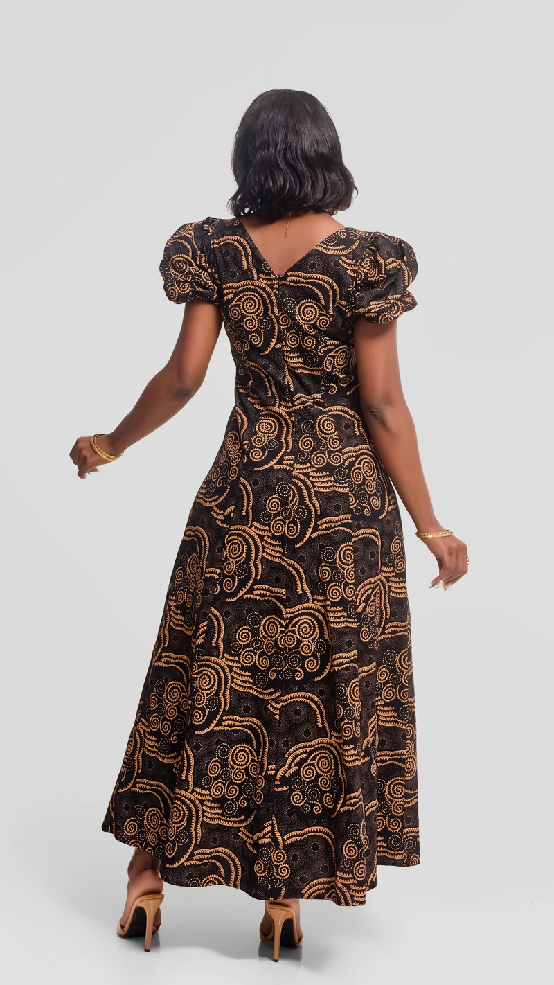 Vivo Puff Sleeeve A-Line Dress in Kitenge - Ola Print