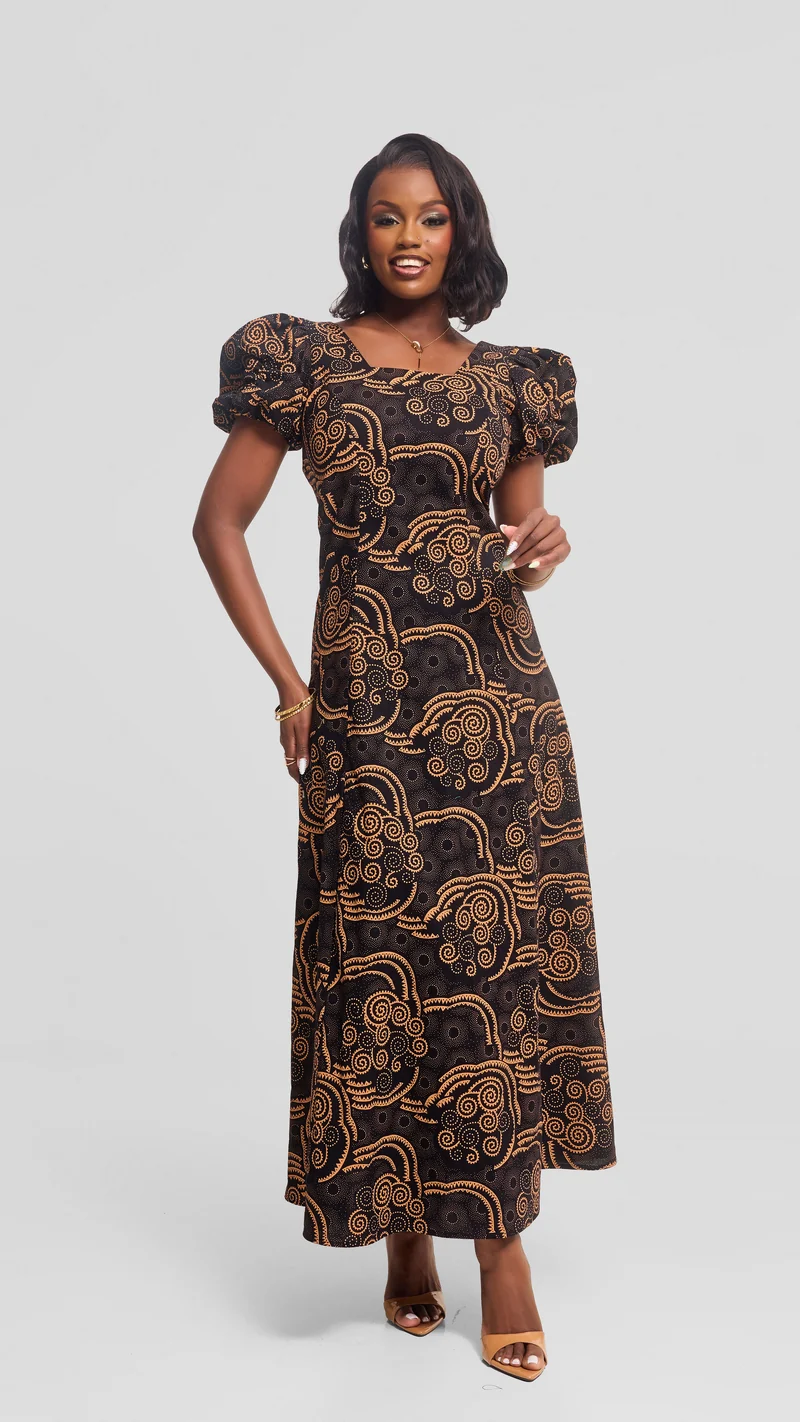 Vivo Puff Sleeeve A-Line Dress in Kitenge - Ola Print