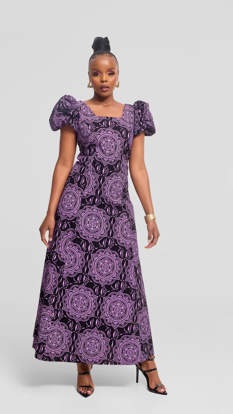 Vivo Puff Sleeeve A-Line Dress in Kitenge - Subira Print