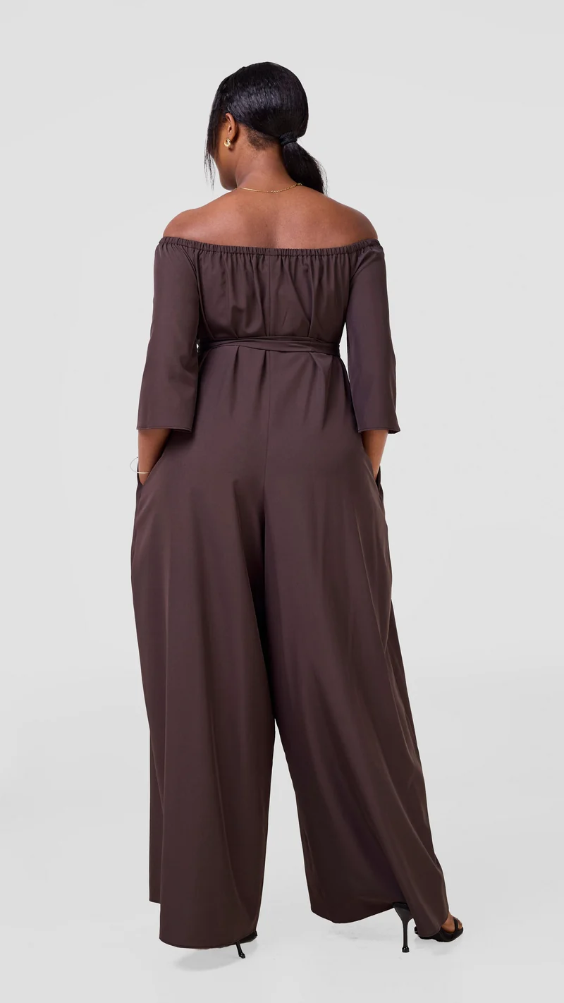 Vivo Zahari 3/4 Sleeve Off-Shoulder Jumpsuit - Chocolate