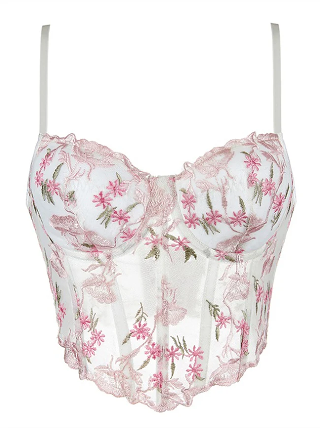 Vintage Spaghetti-Träger-Korsett aus floral besticktem Mesh