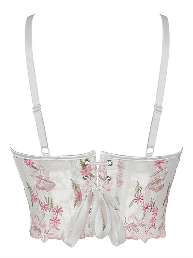 Vintage Spaghetti-Träger-Korsett aus floral besticktem Mesh