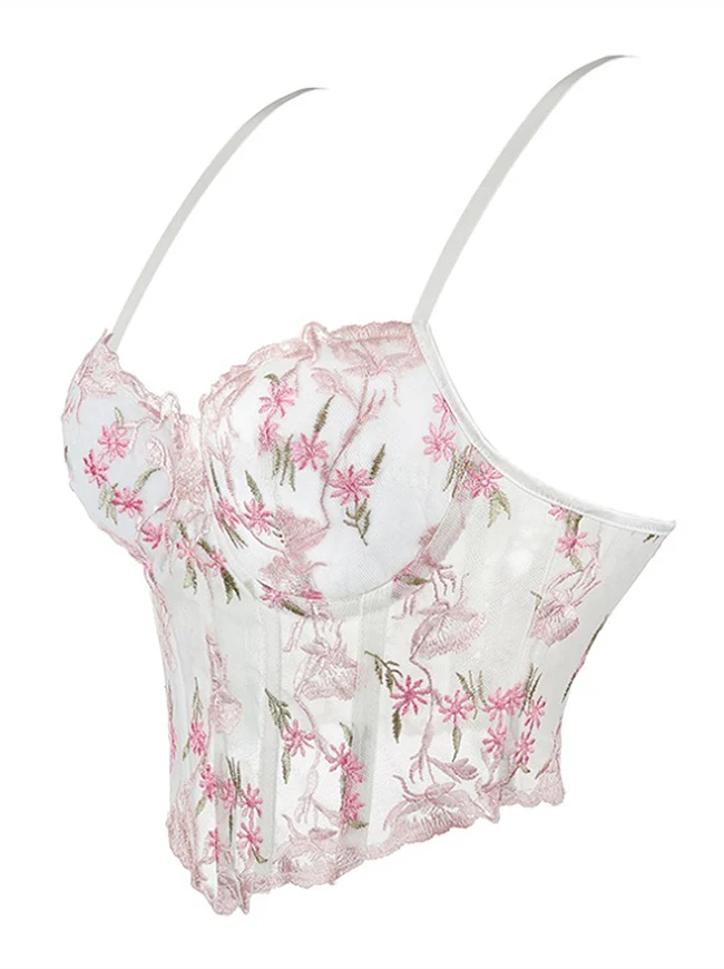 Vintage Spaghetti-Träger-Korsett aus floral besticktem Mesh
