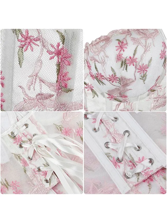 Vintage Spaghetti-Träger-Korsett aus floral besticktem Mesh