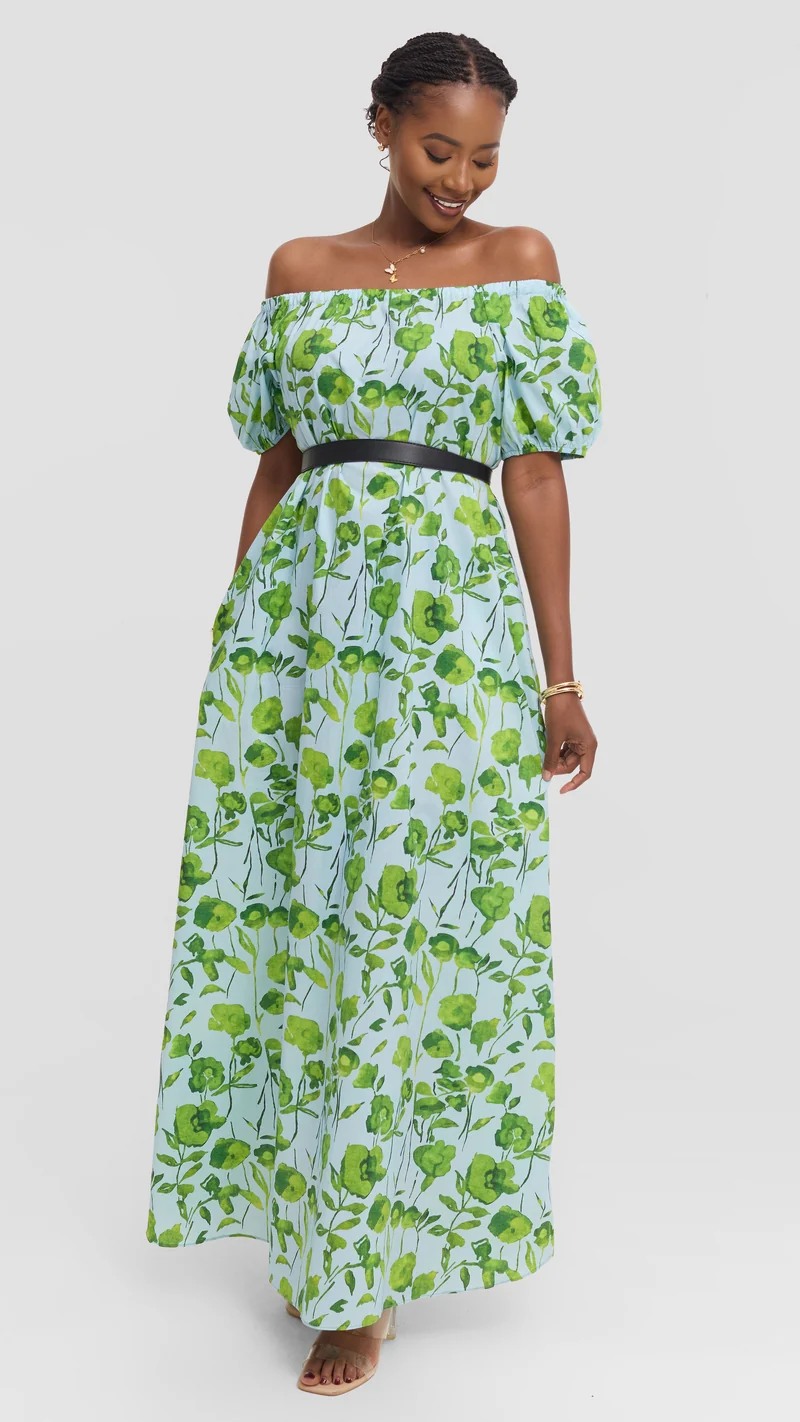 Vivo Off Shoulder Maxi Dress in Cotton - Light Green Multicolor Print
