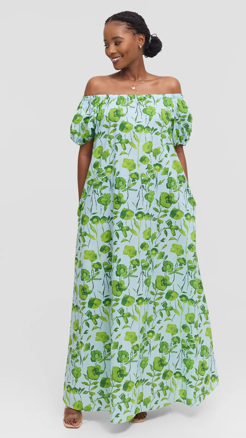 Vivo Off Shoulder Maxi Dress in Cotton - Light Green Multicolor Print