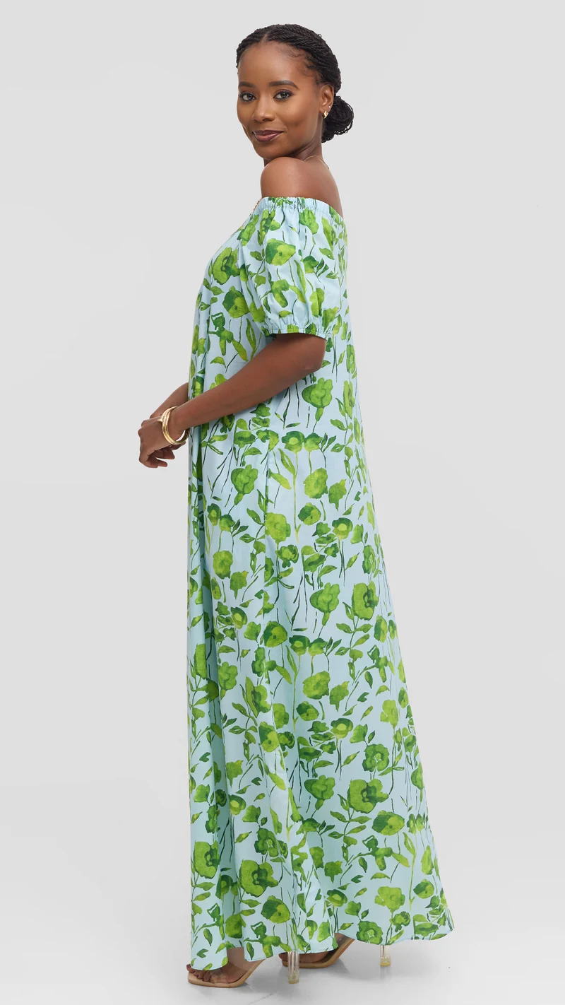Vivo Off Shoulder Maxi Dress in Cotton - Light Green Multicolor Print