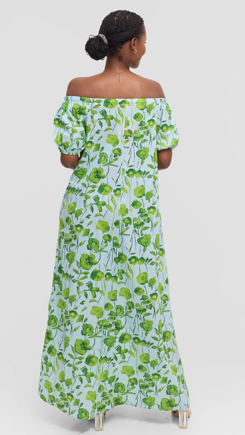 Vivo Off Shoulder Maxi Dress in Cotton - Light Green Multicolor Print