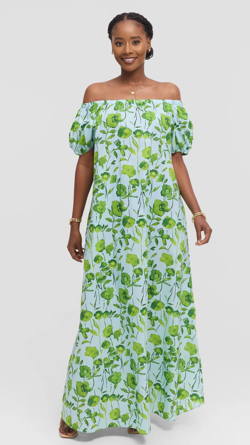 Vivo Off Shoulder Maxi Dress in Cotton - Light Green Multicolor Print