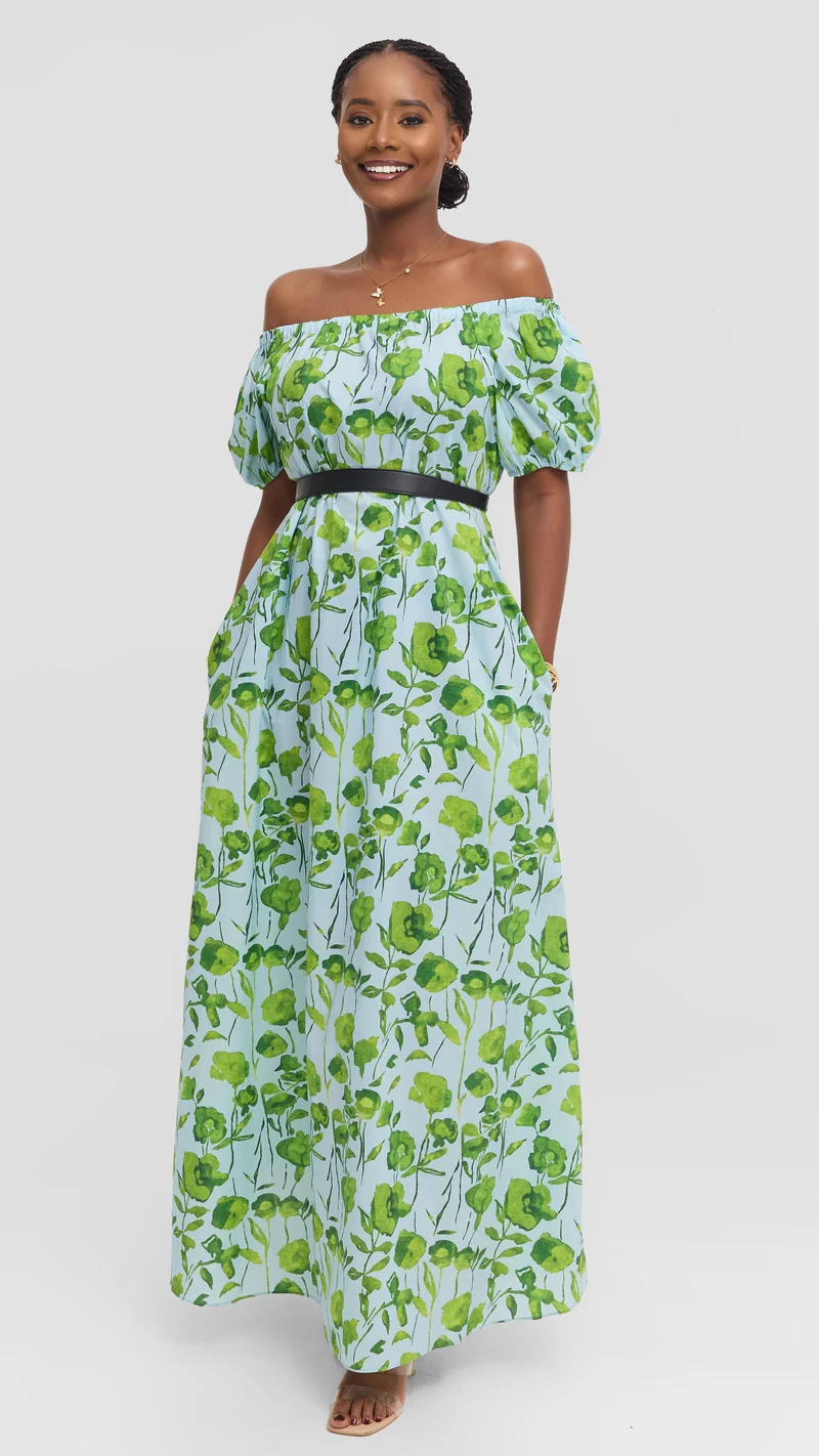 Vivo Off Shoulder Maxi Dress in Cotton - Light Green Multicolor Print