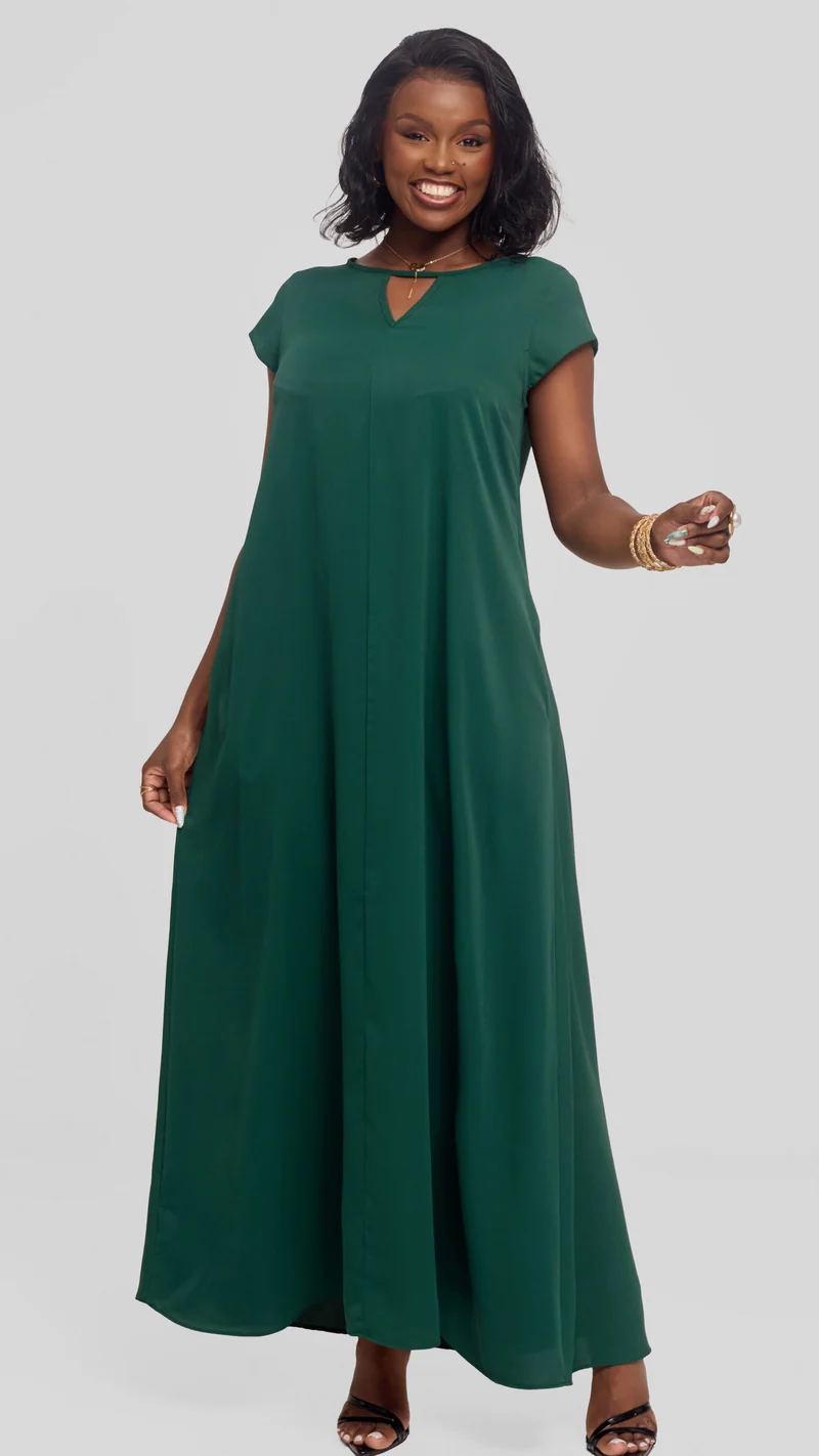Vivo Sakari Cap Sleeve Maxi Dress in Crepe - Dark Green