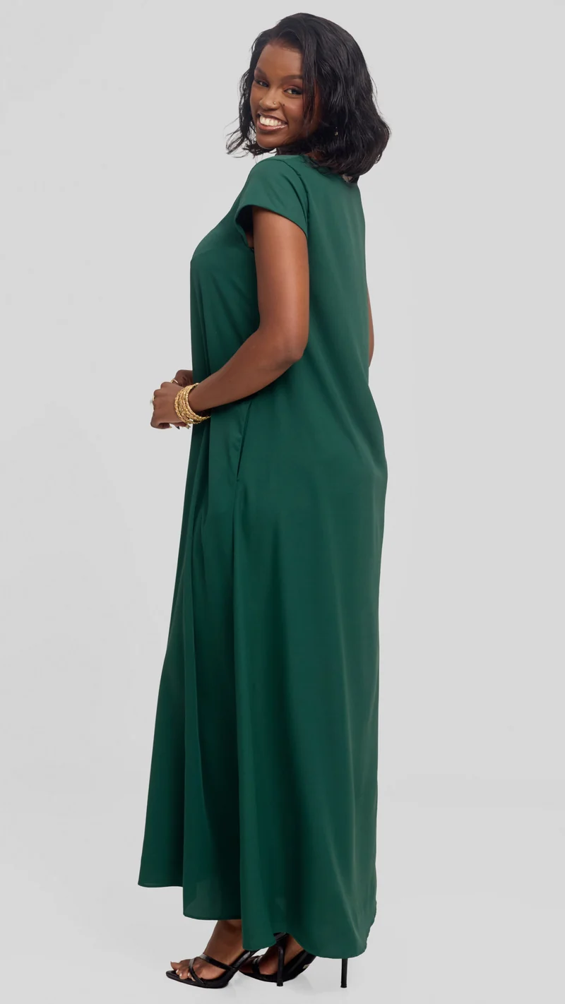 Vivo Sakari Cap Sleeve Maxi Dress in Crepe - Dark Green