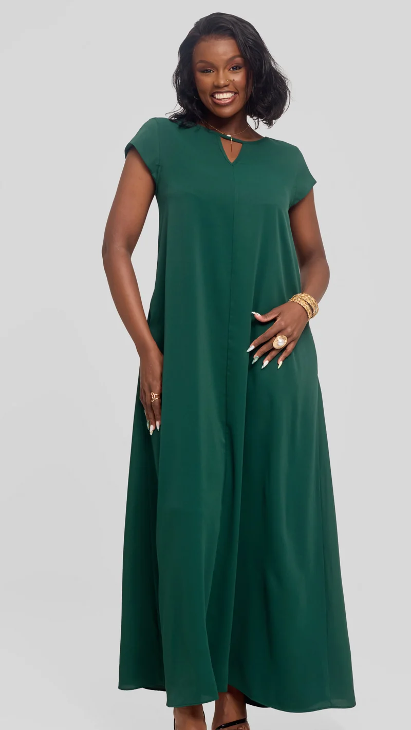 Vivo Sakari Cap Sleeve Maxi Dress in Crepe - Dark Green