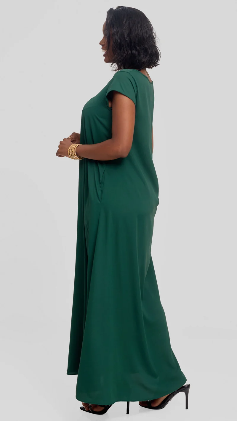 Vivo Sakari Cap Sleeve Maxi Dress in Crepe - Dark Green