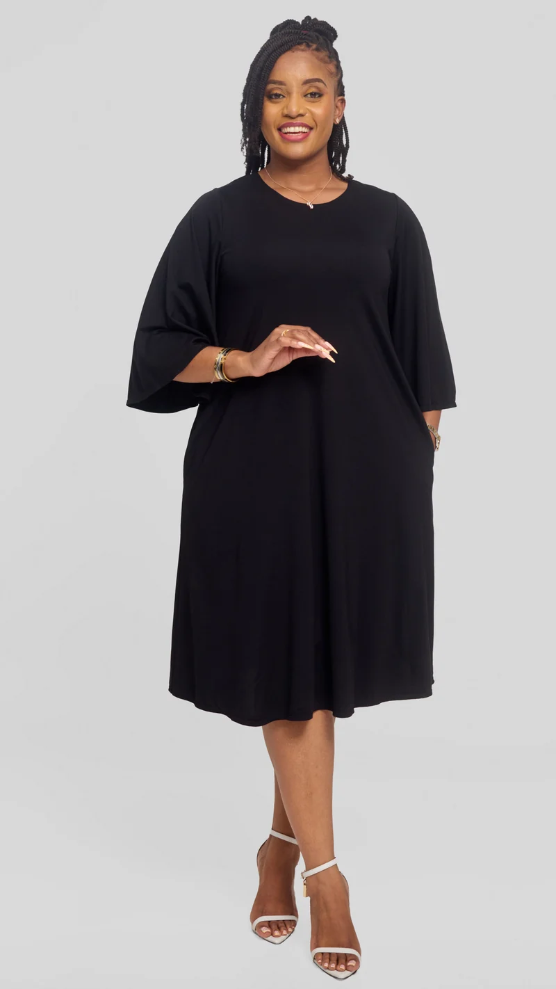 Vivo Flared Sleeve Dress in Ponte - Black