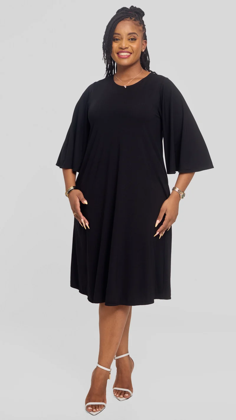 Vivo Flared Sleeve Dress in Ponte - Black