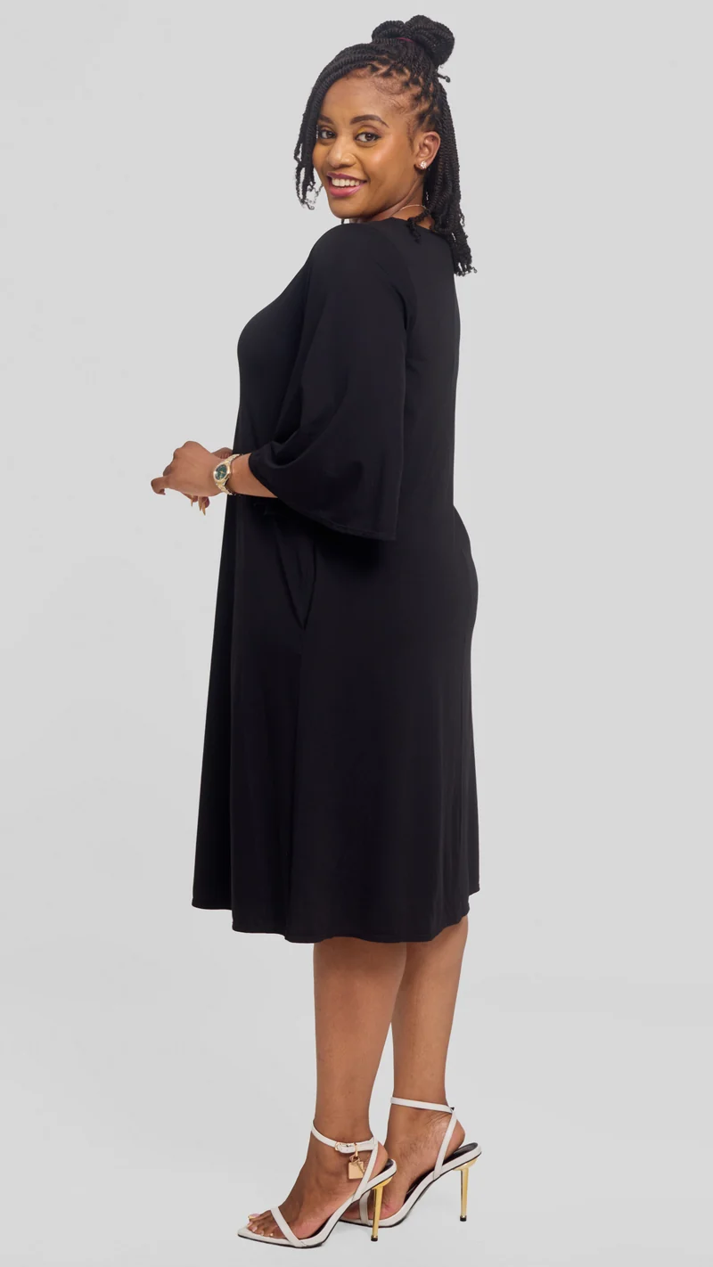 Vivo Flared Sleeve Dress in Ponte - Black