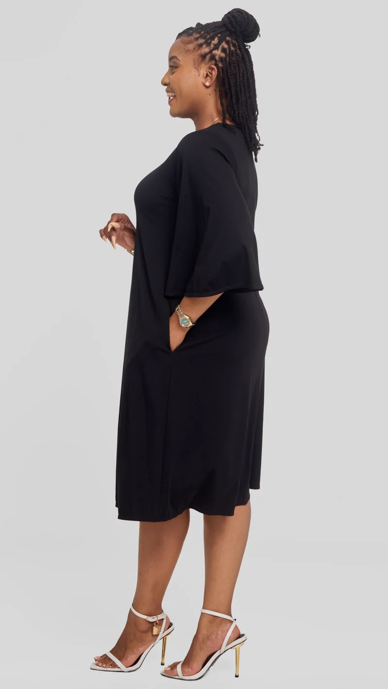 Vivo Flared Sleeve Dress in Ponte - Black