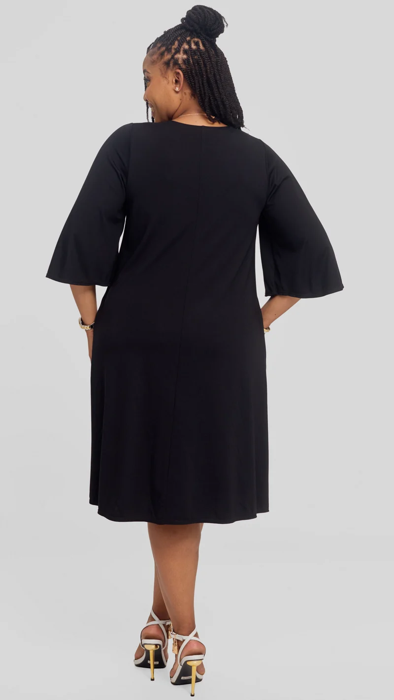 Vivo Flared Sleeve Dress in Ponte - Black