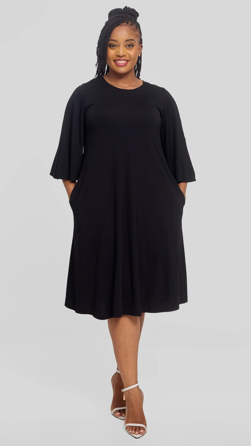 Vivo Flared Sleeve Dress in Ponte - Black