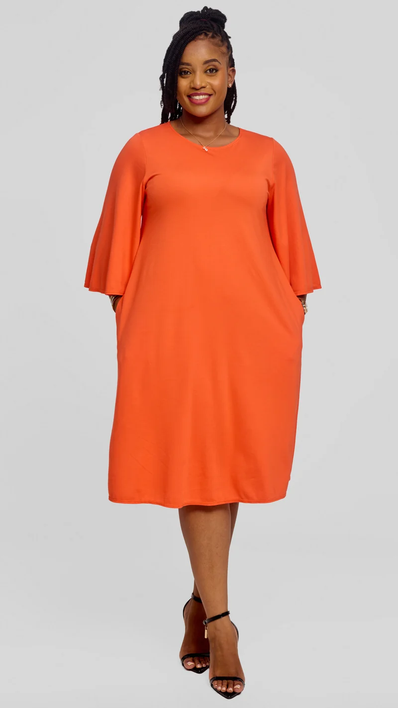 Vivo Flared Sleeve Dress in Ponte - Orange