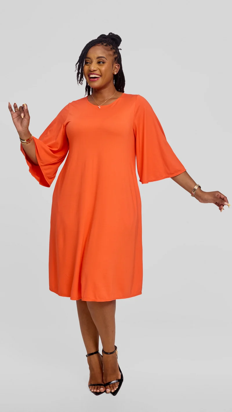 Vivo Flared Sleeve Dress in Ponte - Orange