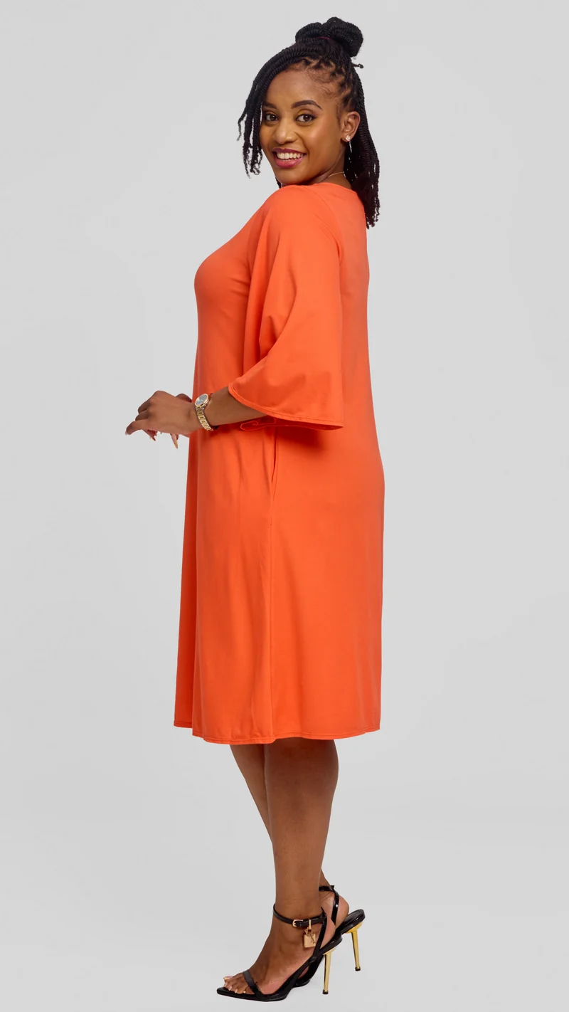 Vivo Flared Sleeve Dress in Ponte - Orange