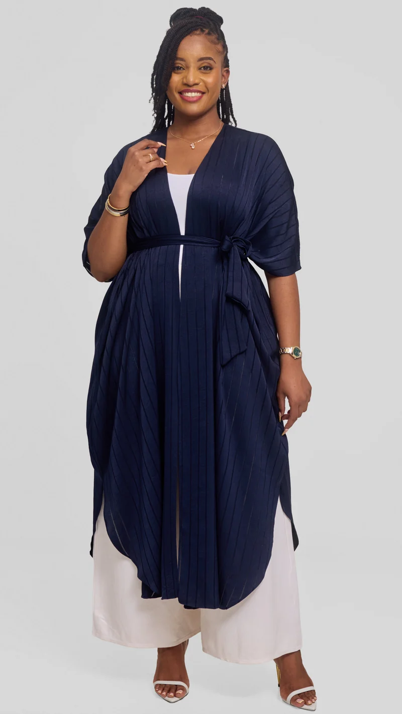 Vivo Scalloped Kimono in Stripped Crepe - Navy Blue