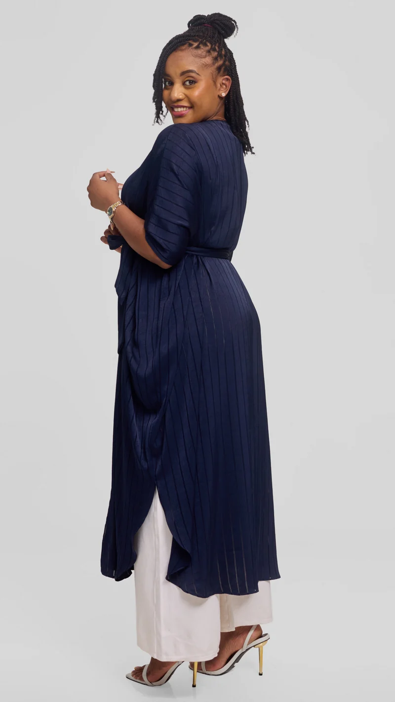 Vivo Scalloped Kimono in Stripped Crepe - Navy Blue