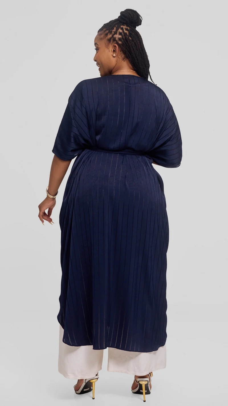 Vivo Scalloped Kimono in Stripped Crepe - Navy Blue