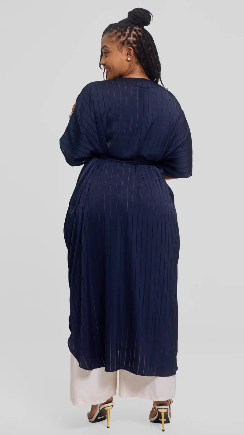 Vivo Scalloped Kimono in Stripped Crepe - Navy Blue