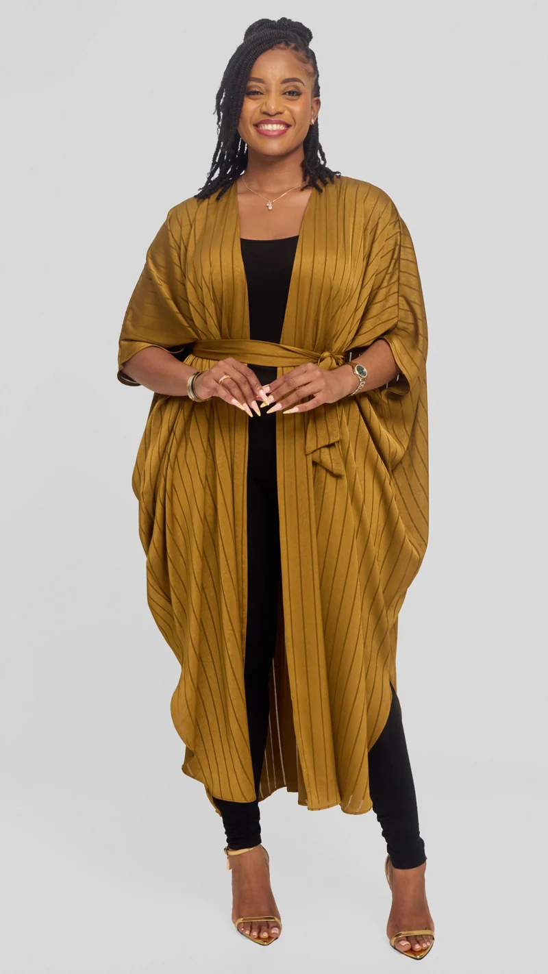 Vivo Scalloped Kimono in Stripped Crepe - Olive Green