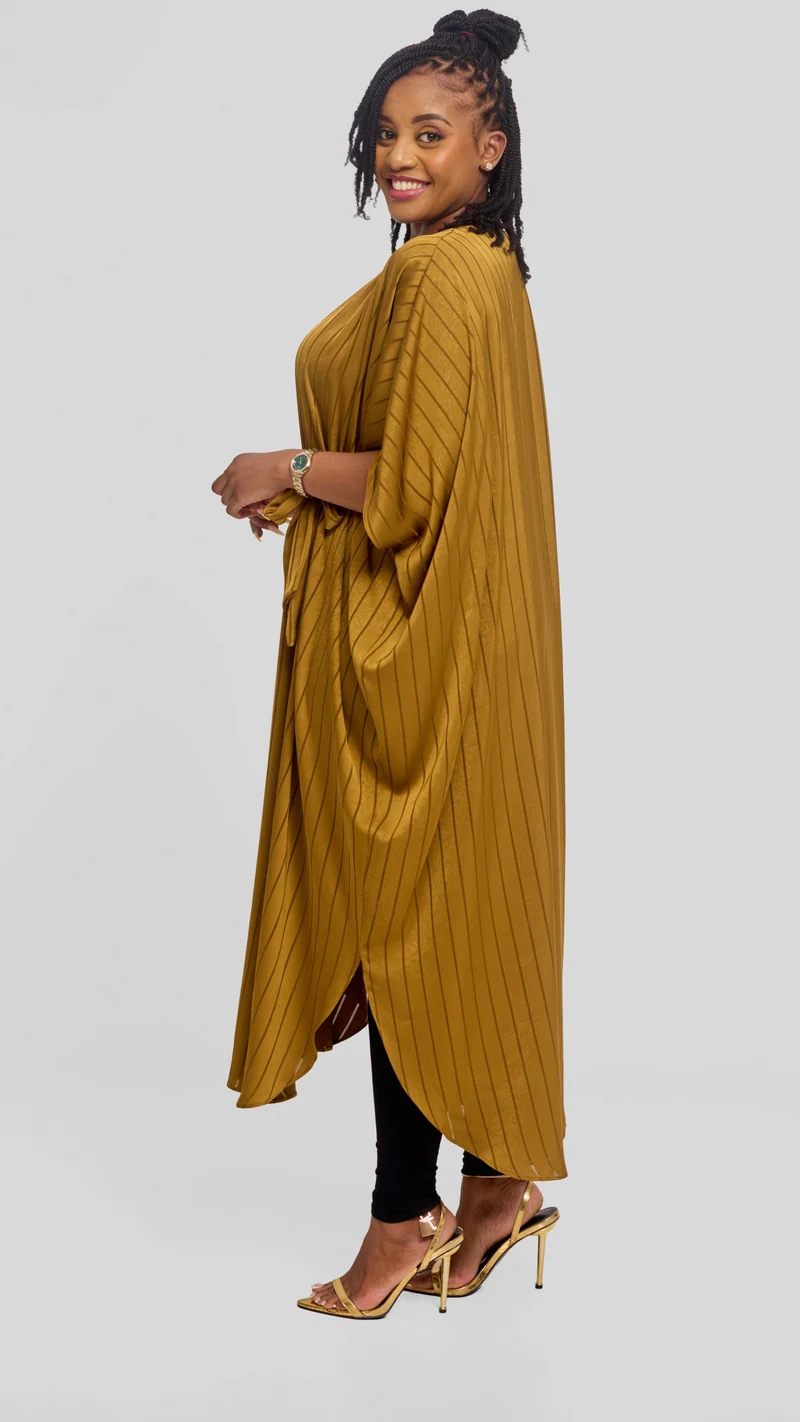 Vivo Scalloped Kimono in Stripped Crepe - Olive Green