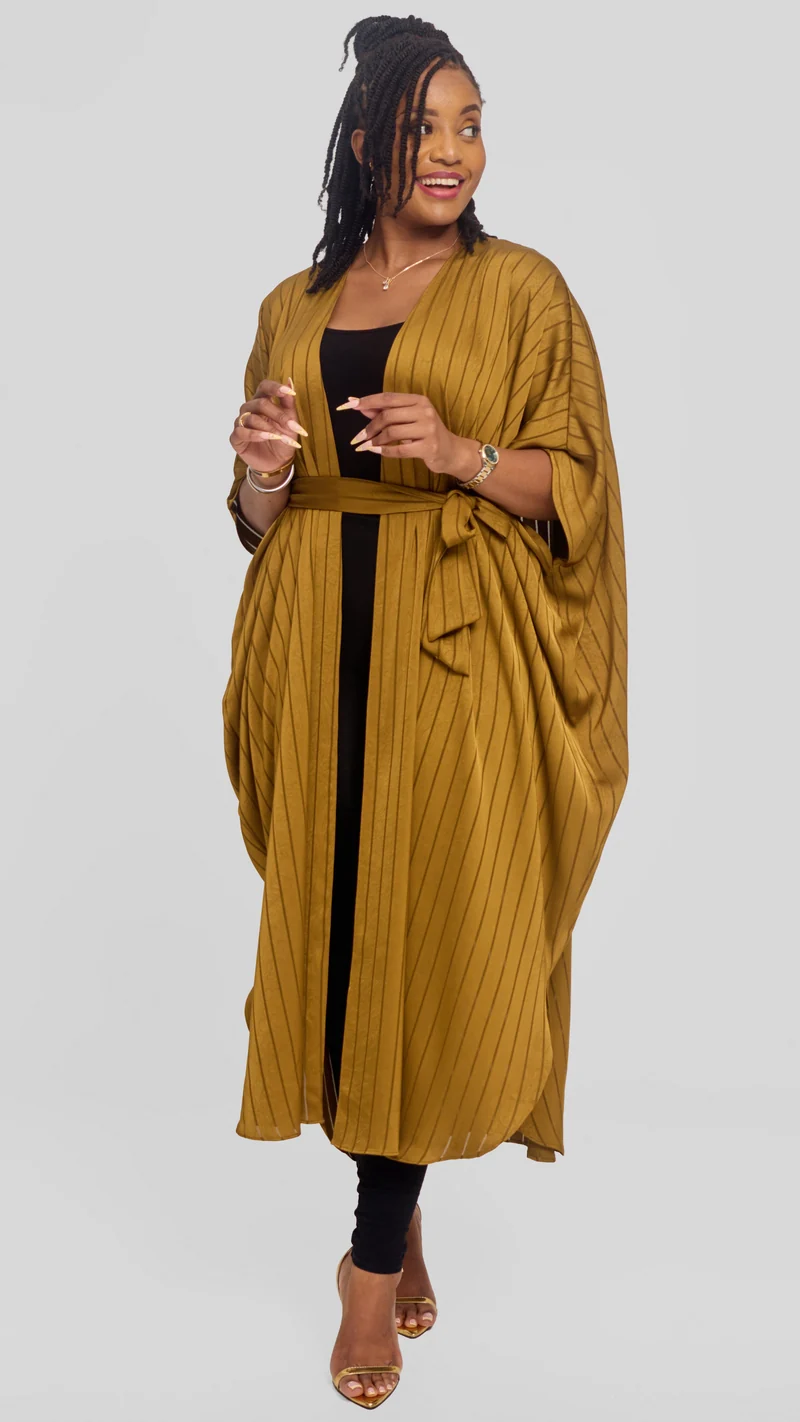Vivo Scalloped Kimono in Stripped Crepe - Olive Green