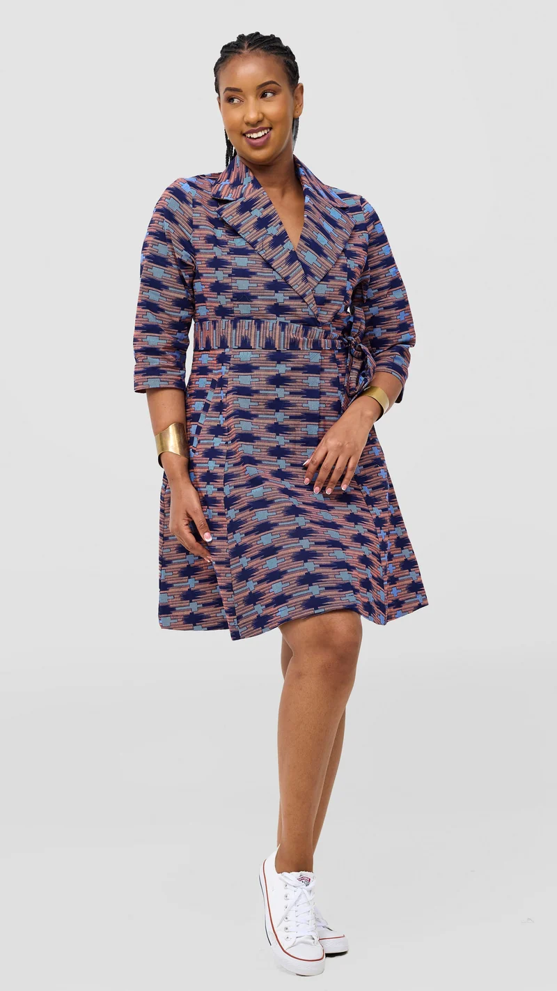 Safari Nazari Coat Dress - Navy / Pink Bakari Print