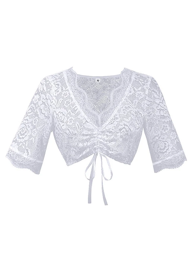 Renaissance-Dirndlbluse aus Spitze, V-Ausschnitt, kurze Ärmel, Oktoberfest-Shirt