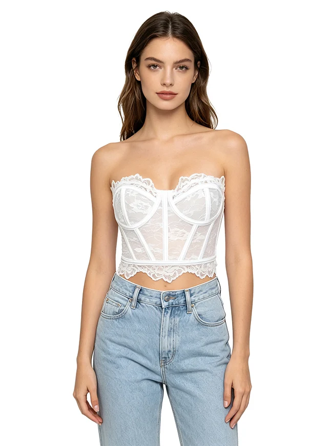 Y2K trägerloses Spitzenkorsett-Top, transparentes Sommer-Bustier-Crop-Top mit Stäbchen