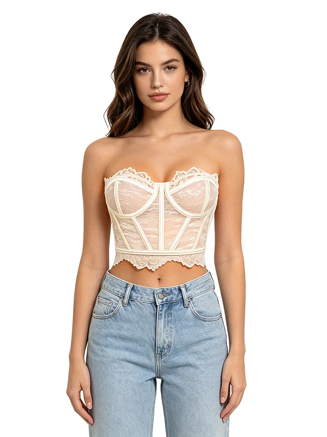 Y2K trägerloses Spitzenkorsett-Top, transparentes Sommer-Bustier-Crop-Top mit Stäbchen