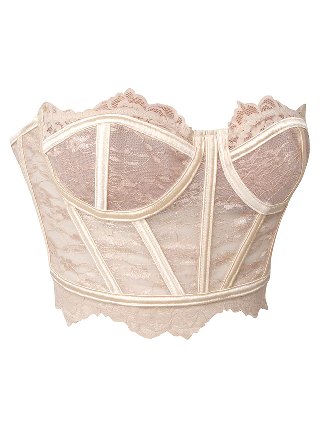 Y2K trägerloses Spitzenkorsett-Top, transparentes Sommer-Bustier-Crop-Top mit Stäbchen