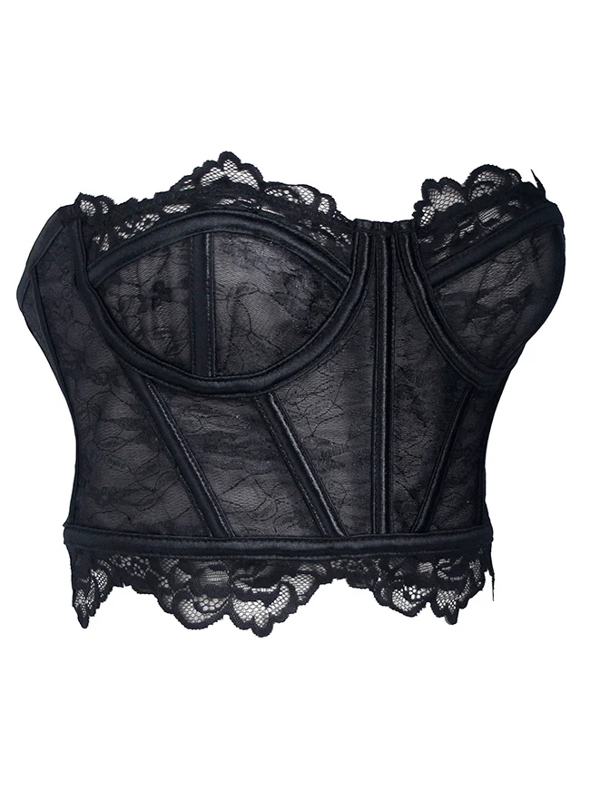 Y2K trägerloses Spitzenkorsett-Top, transparentes Sommer-Bustier-Crop-Top mit Stäbchen