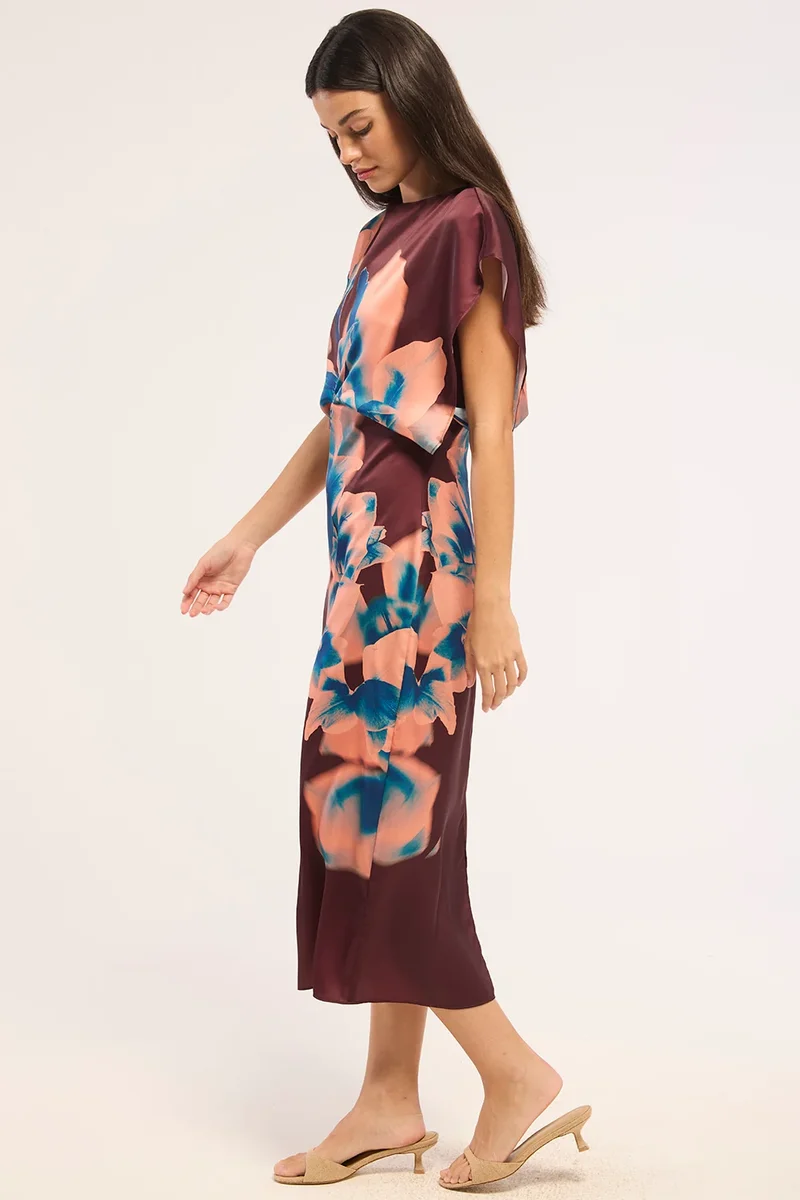 Robe midi drapée à imprimé d’orchidées Lenny